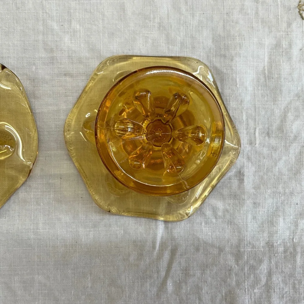 Vintage 2 Viking Amber Glass‎ Ruffled Flower Candle Holders MCM Honey Gold